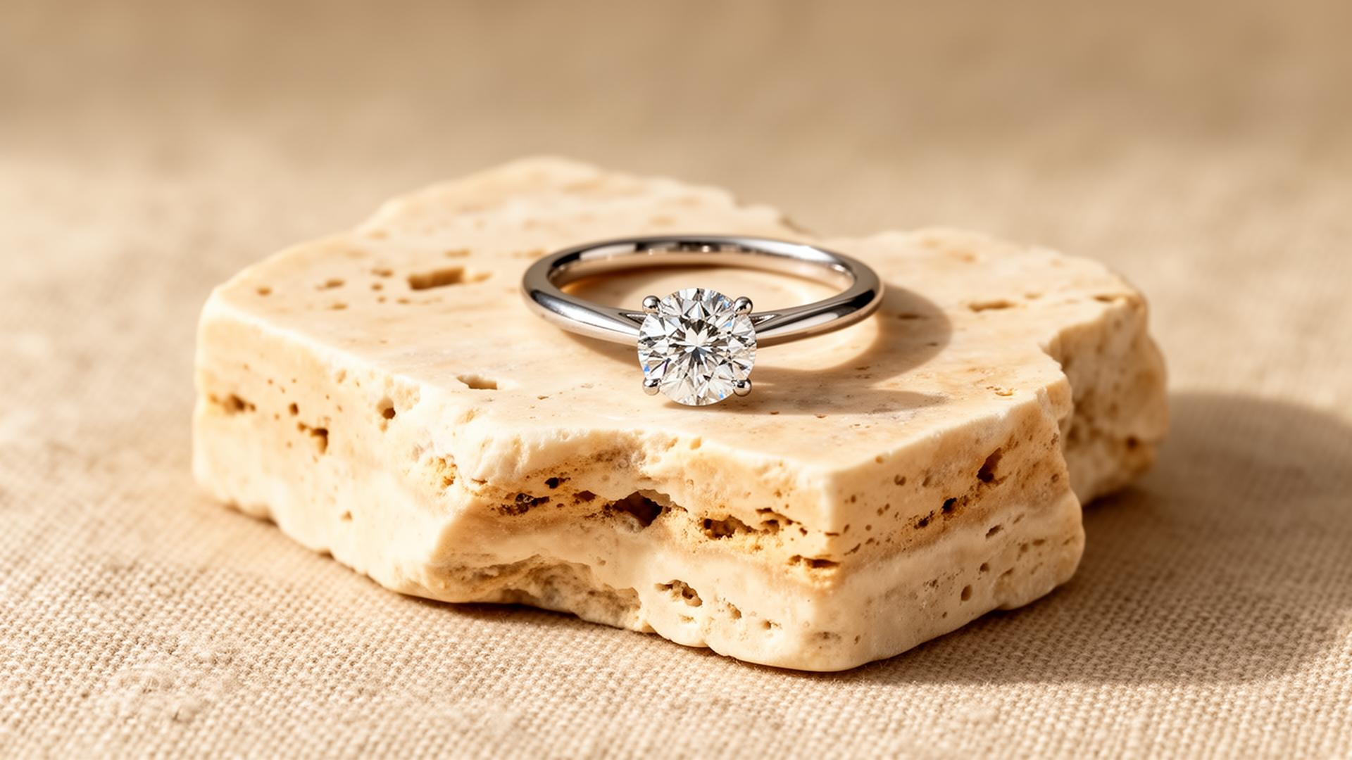 Solitaire diamond ring resting on travertine stone